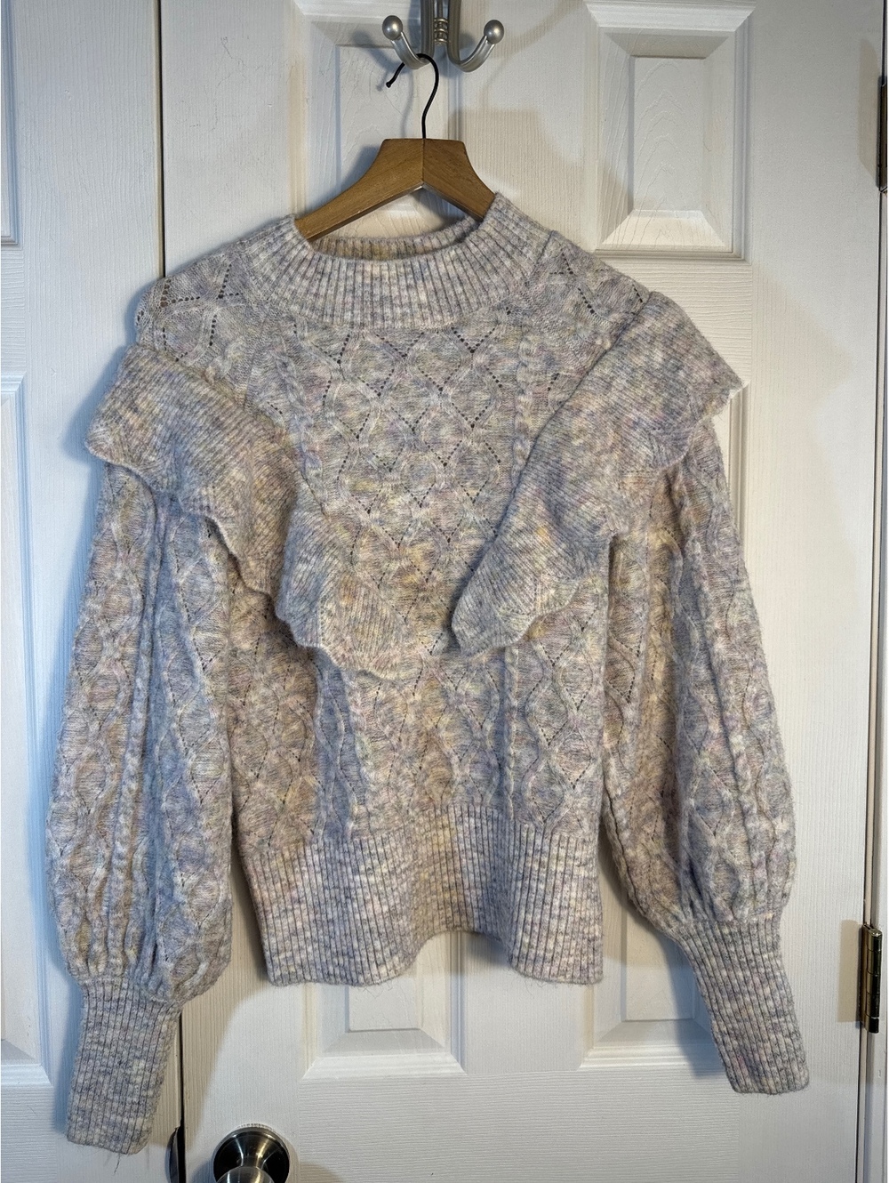So Women's Large Cable Knit Sweater with Ruffle Detail
